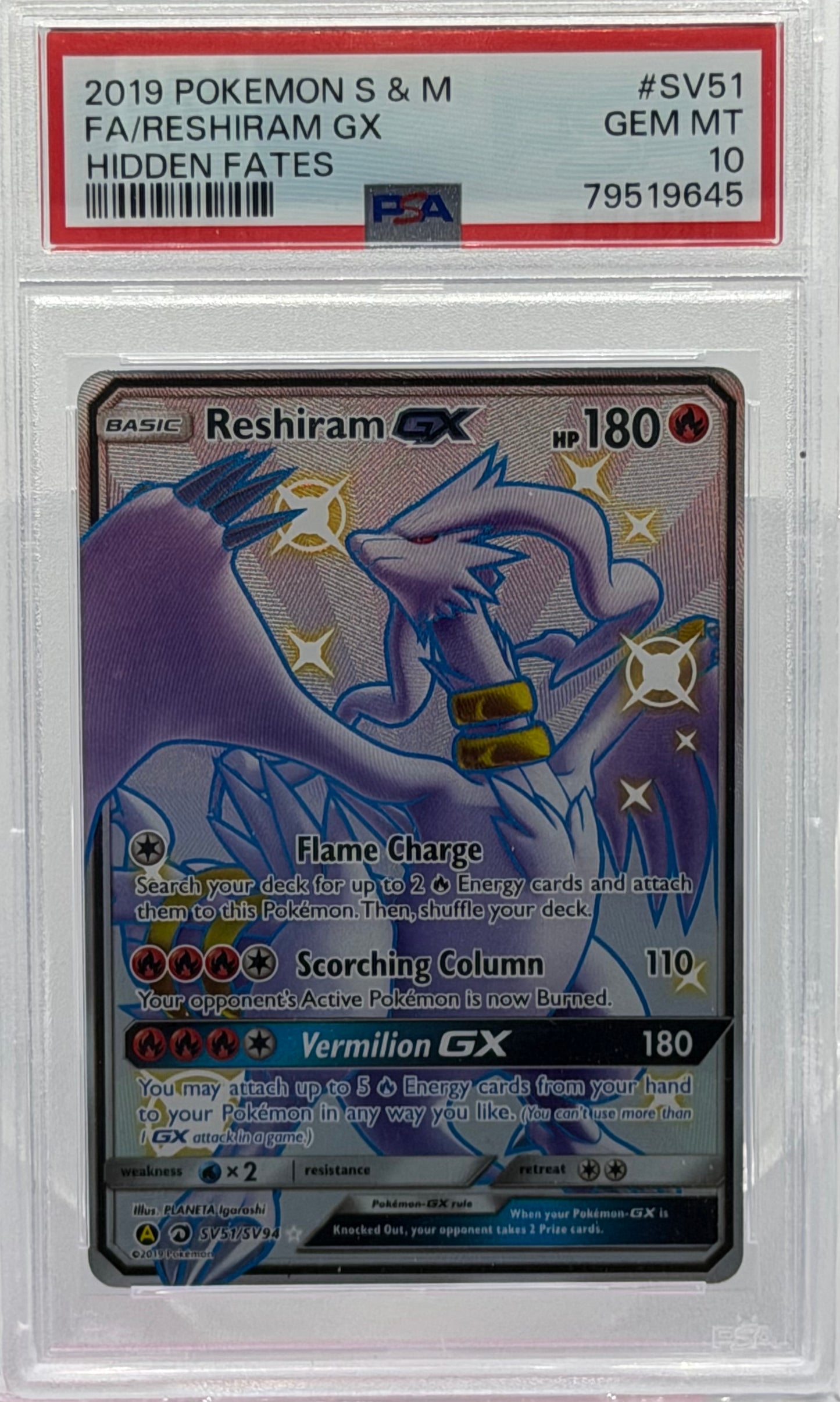 PSA 10 2019 POKEMON S & M  FA/RESHIRAM GX  HIDDEN FATES