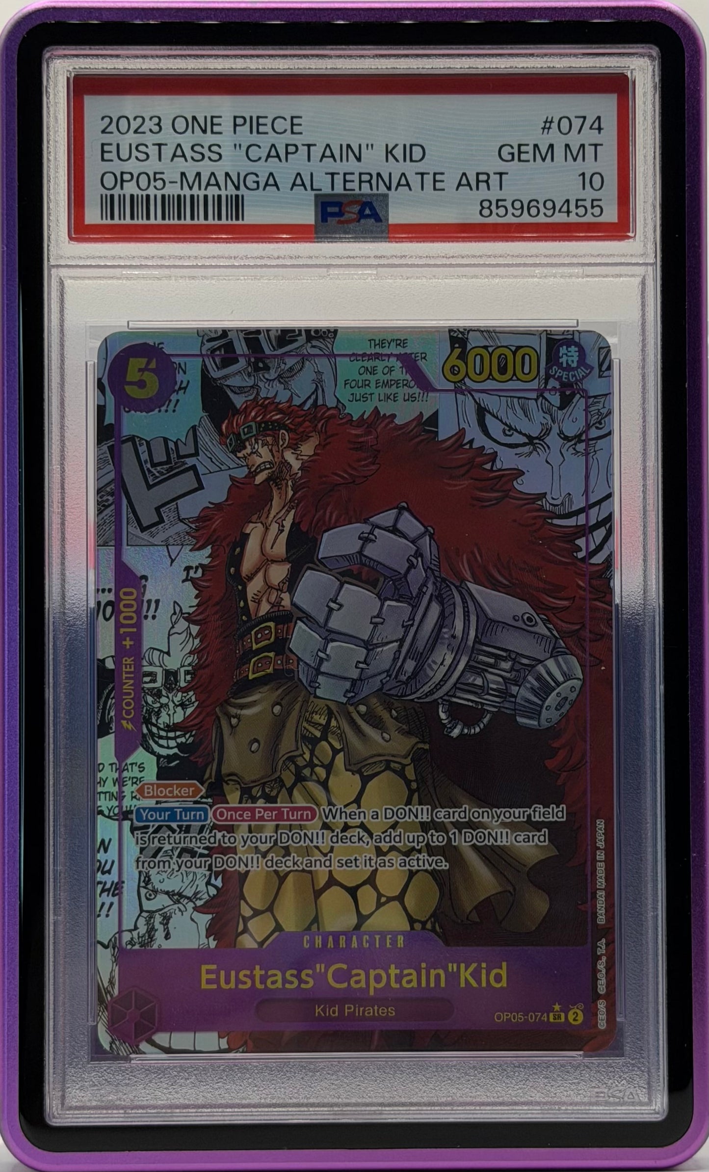 PSA 10 2023 ONE PIECE #074  EUSTASS "CAPTAIN" KID  GEM MT  OP05-MANGA ALTERNATE ART