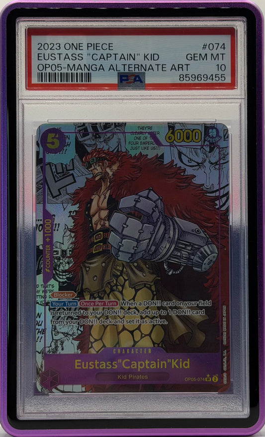 PSA 10 2023 ONE PIECE #074  EUSTASS "CAPTAIN" KID  GEM MT  OP05-MANGA ALTERNATE ART
